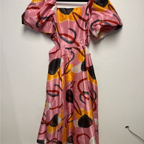 Aureta Studio Pink Abstract Puff Sleeve Cutout Midi Dress NWT Size S Anthro - Picture 2 of 12